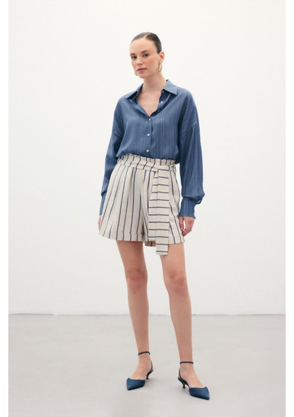 Çizgili Keten Şort - Lacivert modelleri