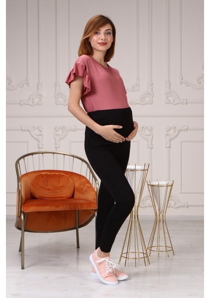 Kadın Siyah Ayarlanabilir Bel Hamile Tayt