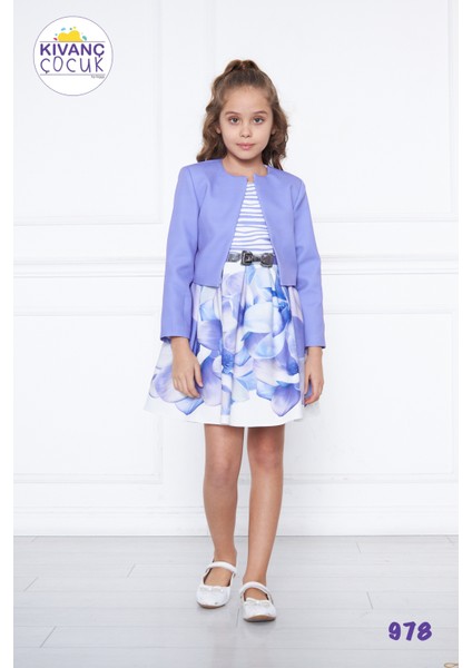 Kız Çocuk Eteği Desenli Kemerli Ceketli Mevsimlik Takım Elbise