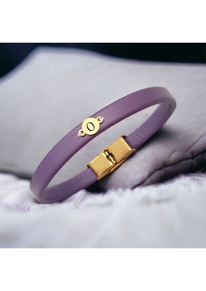 14 Ayar Altın Plakalı O Harfine Özel Doğal Mor Derili Yuvarlak Figürlü Hediye BILEKLIK-546HARF