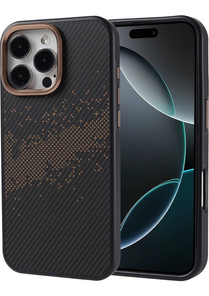 iPhone 16 Pro Max Kılıf Magsafe Şarj Özellikli Karbon Fiber Tasarımlı Vlmr Vave Kapak-Gold-Gold