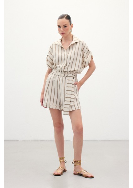 Çizgili Keten Şort - Camel