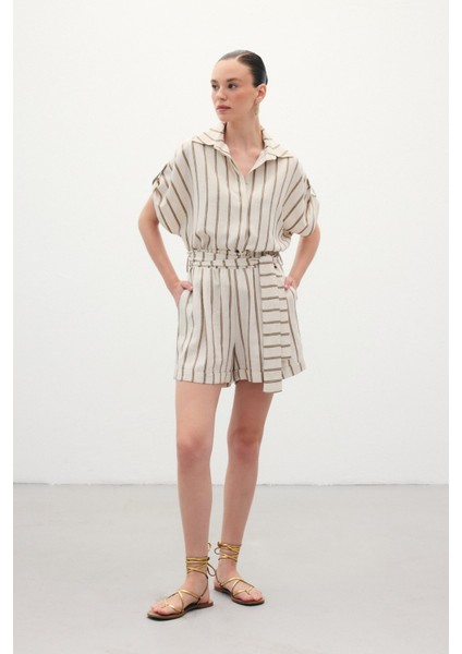 Çizgili Keten Şort - Camel fiyatları