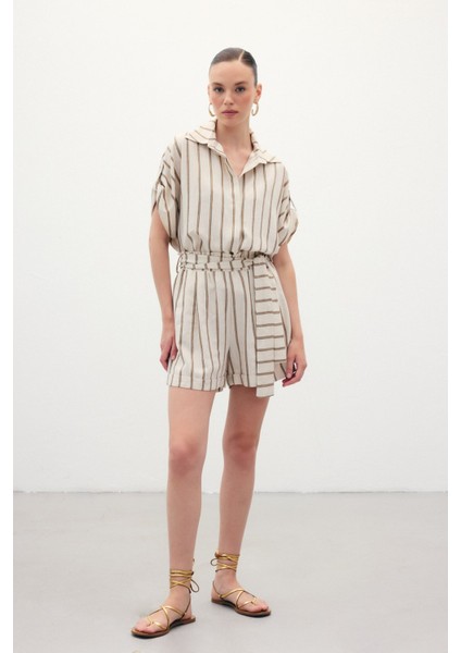 Çizgili Keten Şort - Camel modelleri