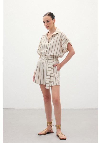 Çizgili Keten Şort - Camel fırsatları