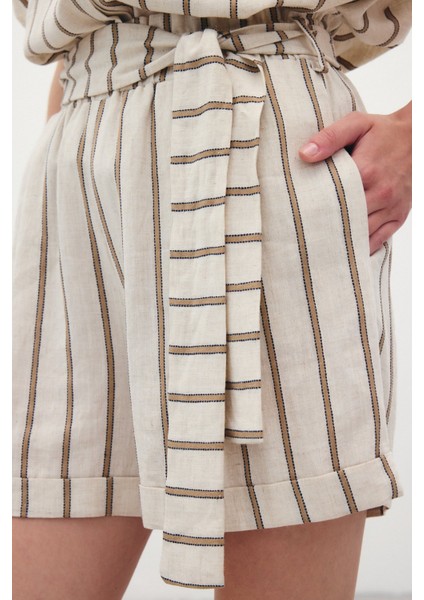 Çizgili Keten Şort - Camel indirimleri