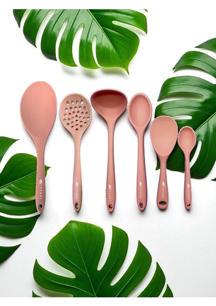 Isıya Dayanıklı Silikon Kevgir Kepçe Spatula Kaşık Seti (30-28-22-20 Cm) 6 Parça