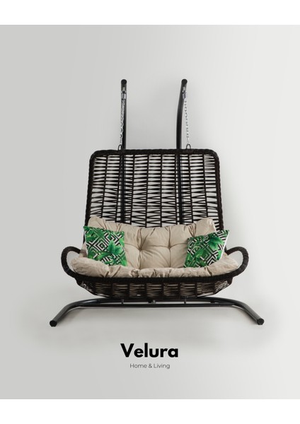 Konfor Bahçe Salıncağı Çift Kişilik - Kahve Rattan Krem Minder