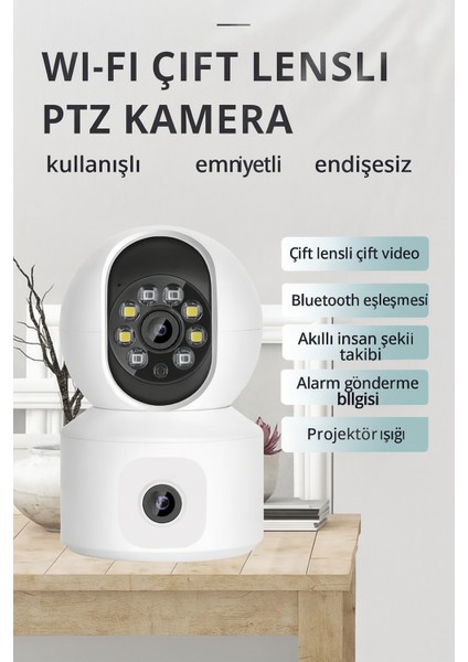 Yeni Nesil Kablosuz Çift Kameralı Biri Sabit Biri Hareketli Güvenlik Kamerası 2 Lens Gece Görüşlü fiyatları