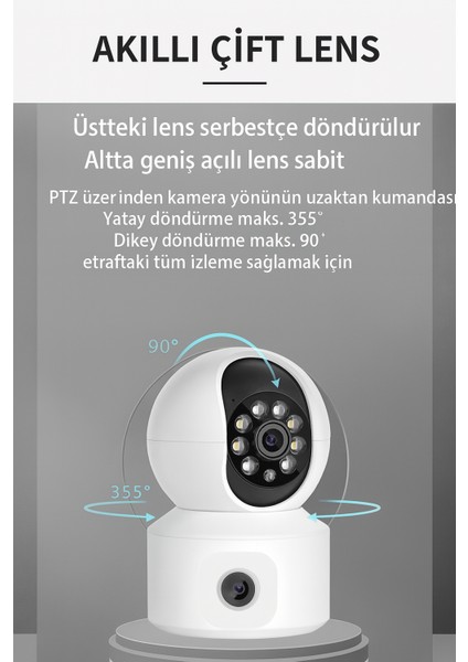 Yeni Nesil Kablosuz Çift Kameralı Biri Sabit Biri Hareketli Güvenlik Kamerası 2 Lens Gece Görüşlü modelleri