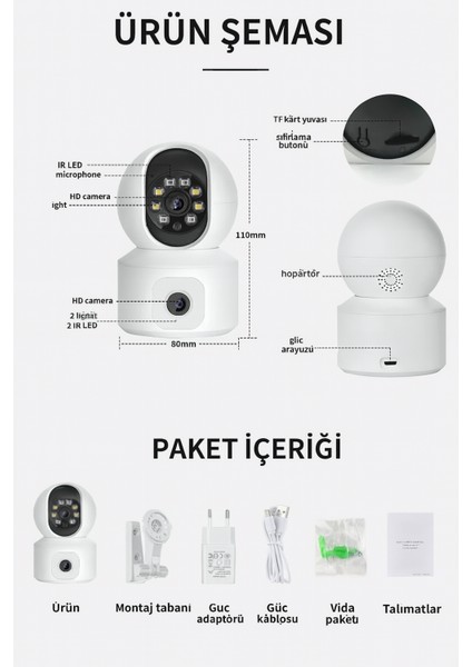 Yeni Nesil Kablosuz Çift Kameralı Biri Sabit Biri Hareketli Güvenlik Kamerası 2 Lens Gece Görüşlü fırsatları