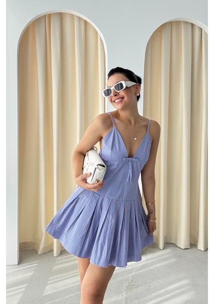 Mavi Fiyonk Detaylı Çizgili Askılı Mini Elbise
