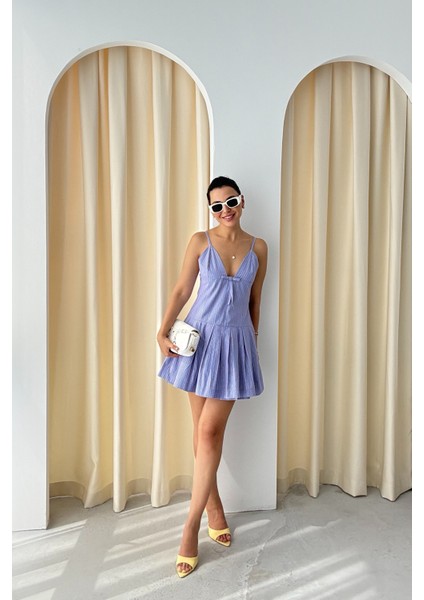 Mavi Fiyonk Detaylı Çizgili Askılı Mini Elbise fiyatları