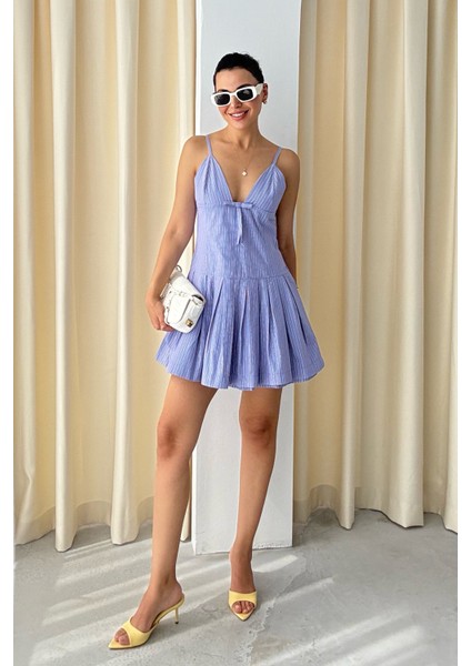 Mavi Fiyonk Detaylı Çizgili Askılı Mini Elbise modelleri