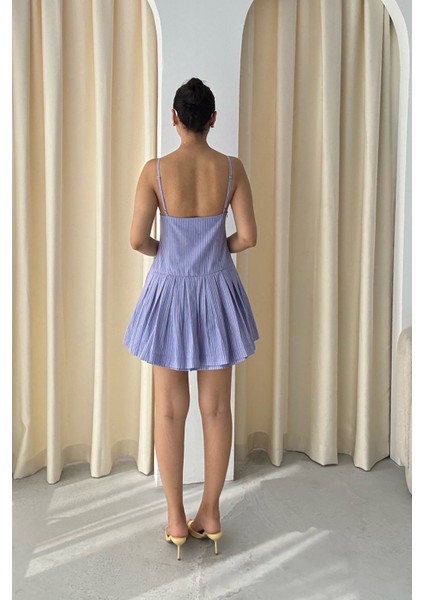 Mavi Fiyonk Detaylı Çizgili Askılı Mini Elbise indirimleri