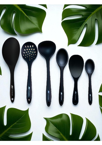 Isıya Dayanıklı Silikon Kevgir Kepçe Spatula Kaşık Seti (30-28-22-20 Cm) 6 Parça