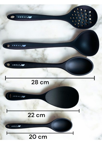 Isıya Dayanıklı Silikon Kevgir Kepçe Spatula Kaşık Seti (30-28-22-20 Cm) 6 Parça modelleri