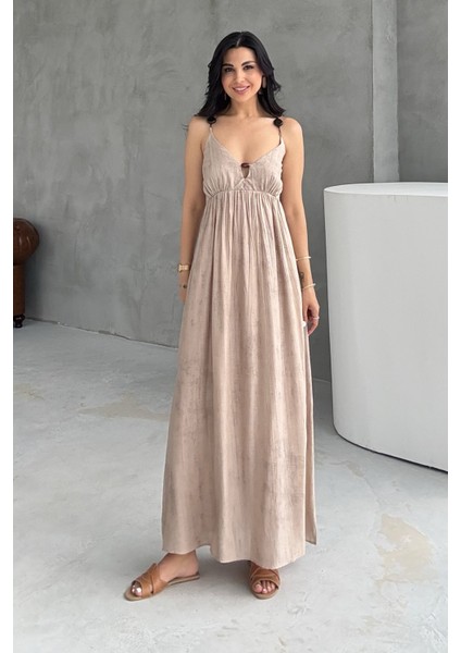 Vizon Boncuk Detaylı Askılı Elbise