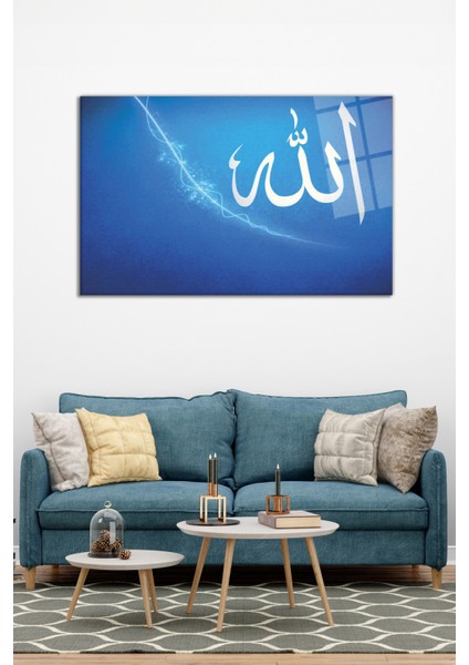 Mavi Temalı Allah Lafzı Cam Tablo, Modern Ev Ofis Dekoru, Hediyelik Duvar Dekorasyonu, Kırılmaz Cam modelleri