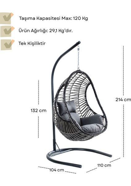 Cosmo Bahçe Salıncağı - Kahve Rattan Gri Minder fiyatları
