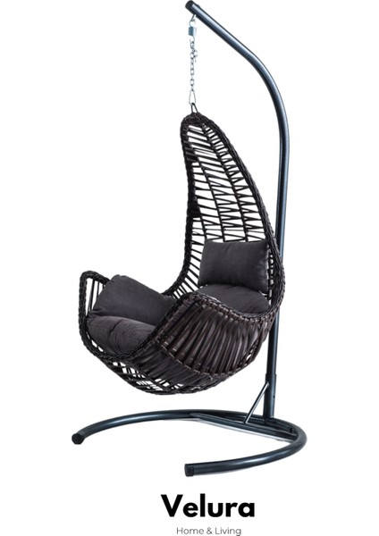 Zen Bahçe Salıncağı - Kahve Rattan Gri Minder