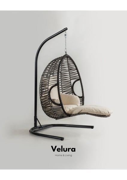 Max Bahçe Salıncağı - Gri Rattan Krem Minder