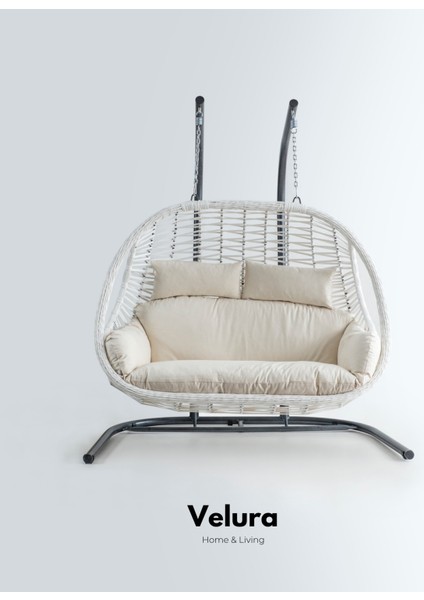 Pop Bahçe Salıncağı Çift Kişilik - Beyaz Rattan Krem Minder