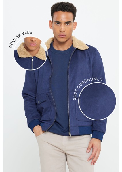 Erkek Lacivert Standart Fit Normal Kesim Gömlek Yaka Süet Görünümlü Mont
