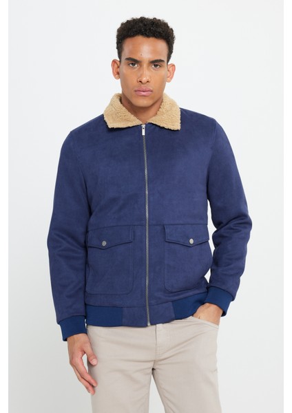 Erkek Lacivert Standart Fit Normal Kesim Gömlek Yaka Süet Görünümlü Mont modelleri