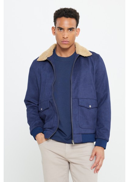 Erkek Lacivert Standart Fit Normal Kesim Gömlek Yaka Süet Görünümlü Mont indirimleri