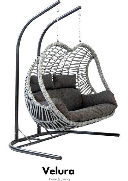 Pop Bahçe Salıncağı Çift Kişilik - Gri Rattan Gri Minder
