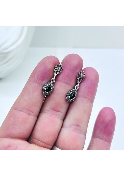 Zirkon ve Oltu Taşı Işçilikli 925 Ayar Gümüş Küpe fırsatları