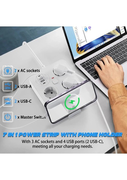 Akım Korumalı Anahtarlı Priz - 3x Priz - 2x USB - 2x Type-C - 2 mt Kablo Hızlı Şarj Özellikli Siyah indirimleri