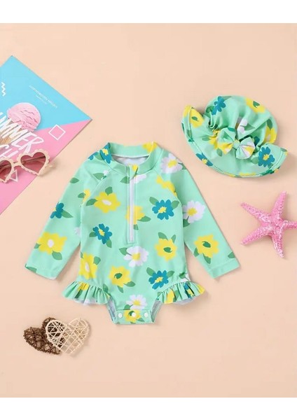Kız Bebek Çiçek Desenli Uzun Kollu Mayo ve Şapka Takımı – Fırfır Detaylı Tek Parça Mayo