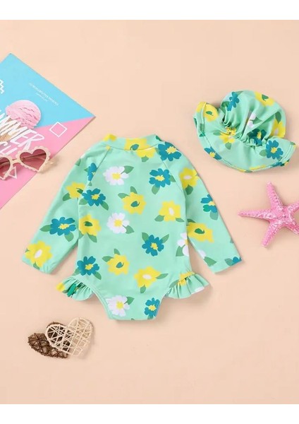 Kız Bebek Çiçek Desenli Uzun Kollu Mayo ve Şapka Takımı – Fırfır Detaylı Tek Parça Mayo fiyatları