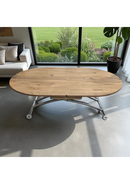 Ortadan Açılır Oval Akıllı Masa Mdf Tabla Krom Kaplama Ayaklı