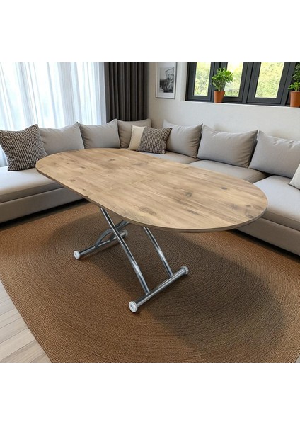 Ortadan Açılır Oval Akıllı Masa Mdf Tabla Krom Kaplama Ayaklı