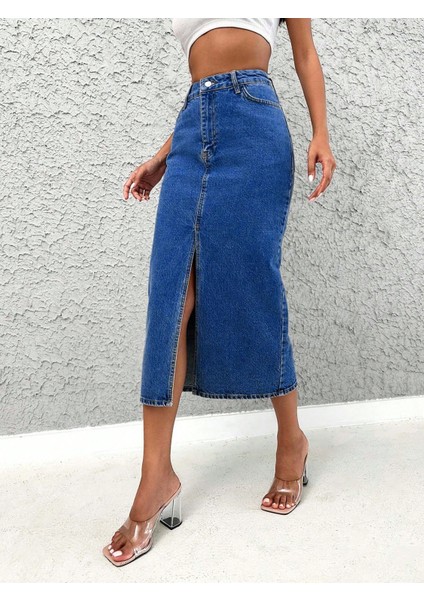 Kadın Denim Esnek Kumaş Yırtmaçlı Uzun Etek fiyatları