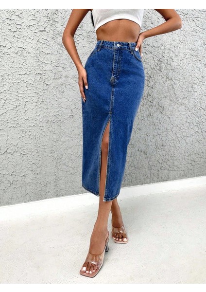 Kadın Denim Esnek Kumaş Yırtmaçlı Uzun Etek modelleri
