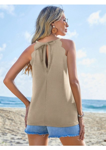 Kadın Bej Krep Kumaş Askısı Boyundan Bağlamalı Omuzları Dalga Detaylı Bluz indirimleri