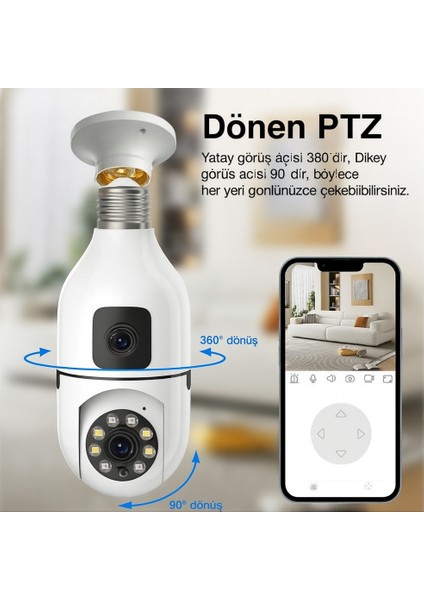 4mp Hd Kablosuz Ip Güvenlik Gözetleme Kamerası Çift Kameralı Çift Lensli Otomatik Takip Panoramik Ampul Kamera Kablosuz