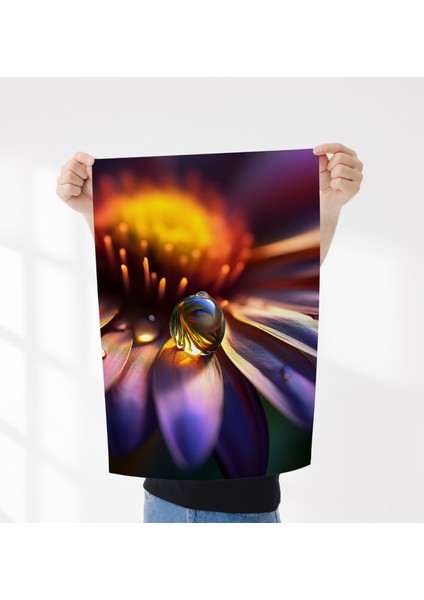 Çerçevesiz Poster - Dijital Baskı - Mor Çiçek ve Su Damlası