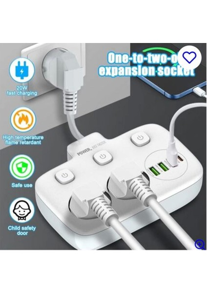 Akım Korumalı 2’li Ayrı Anahtarlı Priz, 2x Priz, 3x Usb, 1x Type-C, 2 mt Kablo, Hızlı Şarj