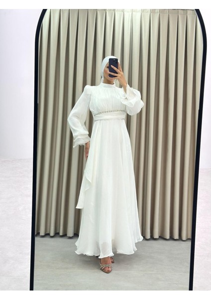 Janjan Kumaş Beli Taşlı Dört Mevsim Hakim Yaka Tesettür Abiye Elbise