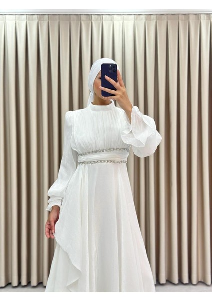 Janjan Kumaş Beli Taşlı Dört Mevsim Hakim Yaka Tesettür Abiye Elbise fiyatları