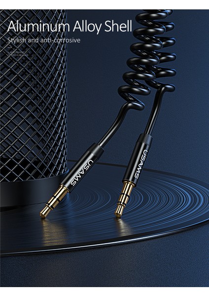 Aux Ses Aktarım Kablosu 1.2m - Aux Uzatma Kablosu 3.5mm Spiral - Siyah