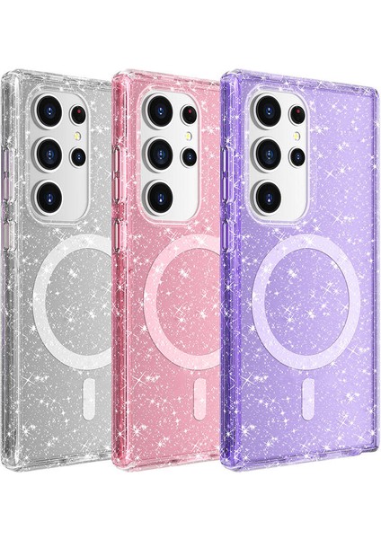Galaxy S24 Ultra Kılıf Magsafe Şarj Özellikli Parlayan Simli Saydam Renkli Vlmr Allstar Kapak-Pembe fiyatları