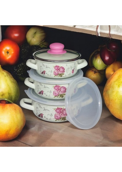 Qussine Emaye Pişir Sakla Tencere Seti 9 Parça Pembe Gül Desenli