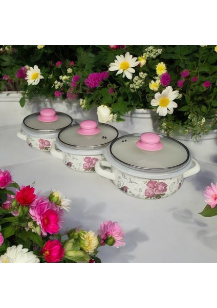 Qussine Emaye Pişir Sakla Tencere Seti 9 Parça Pembe Gül Desenli fiyatları