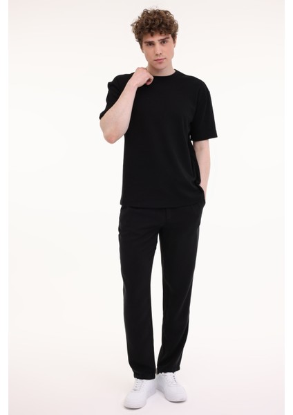 Relaxed Fit Dokulu Kum Siyah Erkek Kısa Kol T-Shirt modelleri